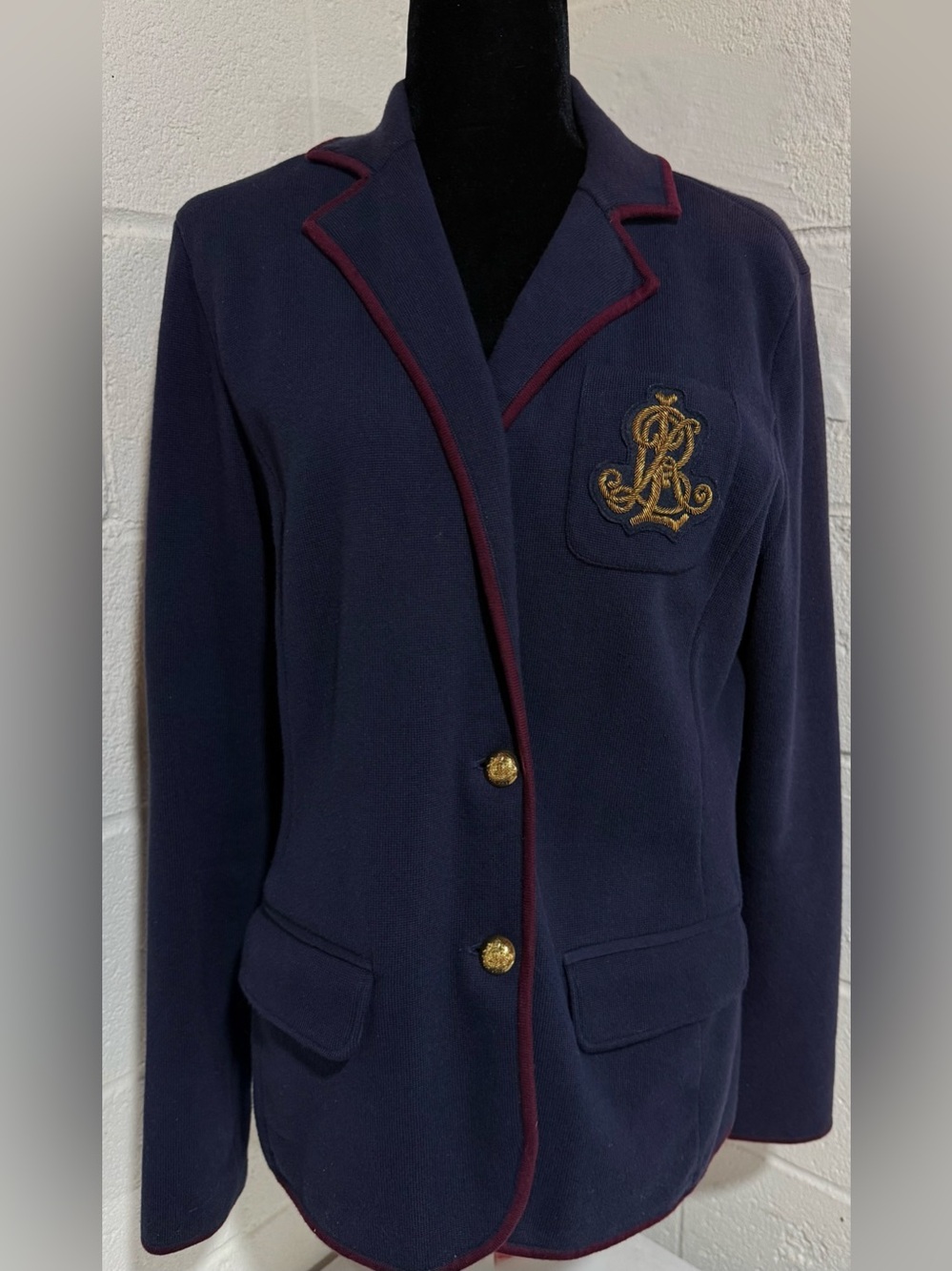Lauren Ralph Lauren Preppy Bullion Monogram Sweater Blazer L Navy